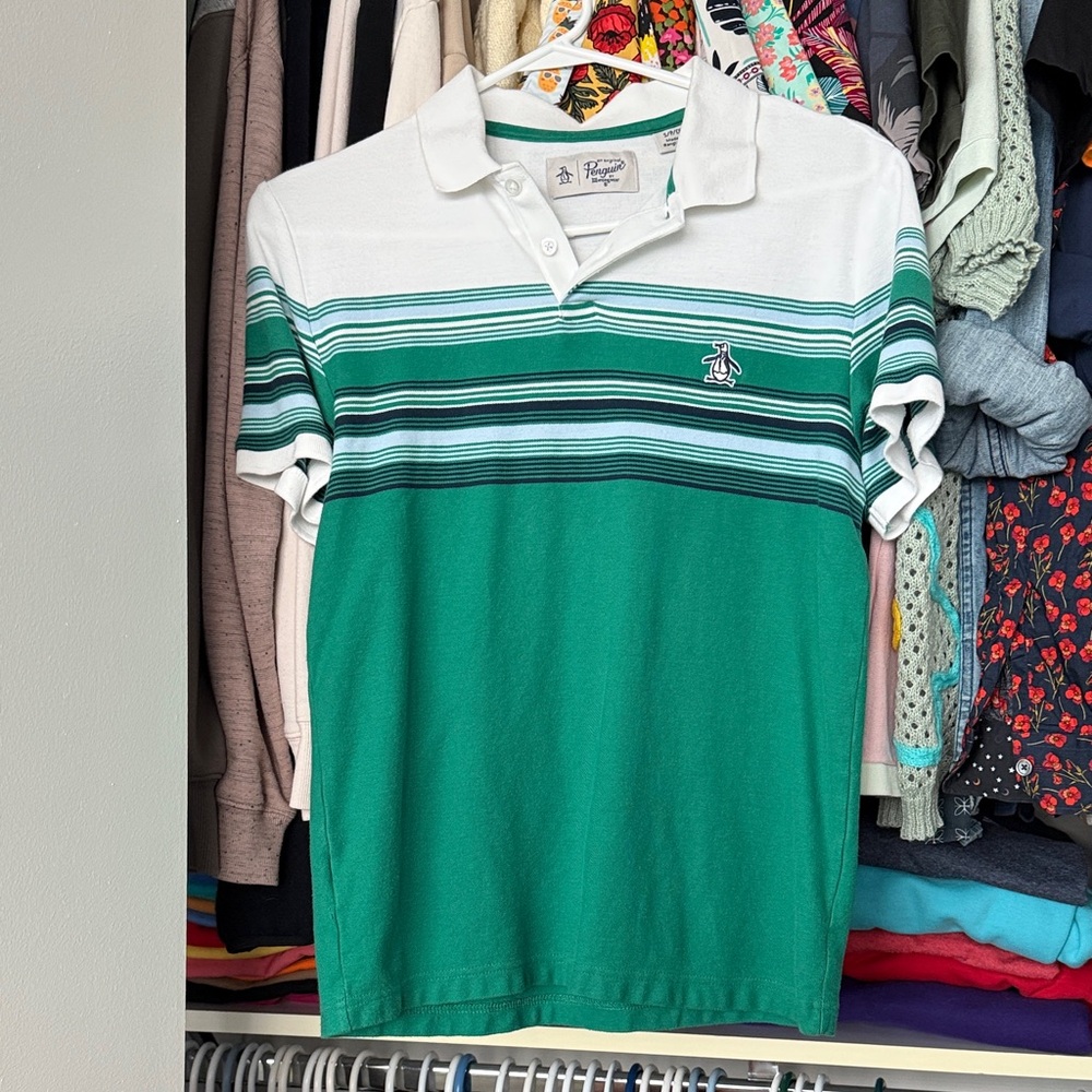Men’s Original Penguin Polo Shirt with Green and White Stripes